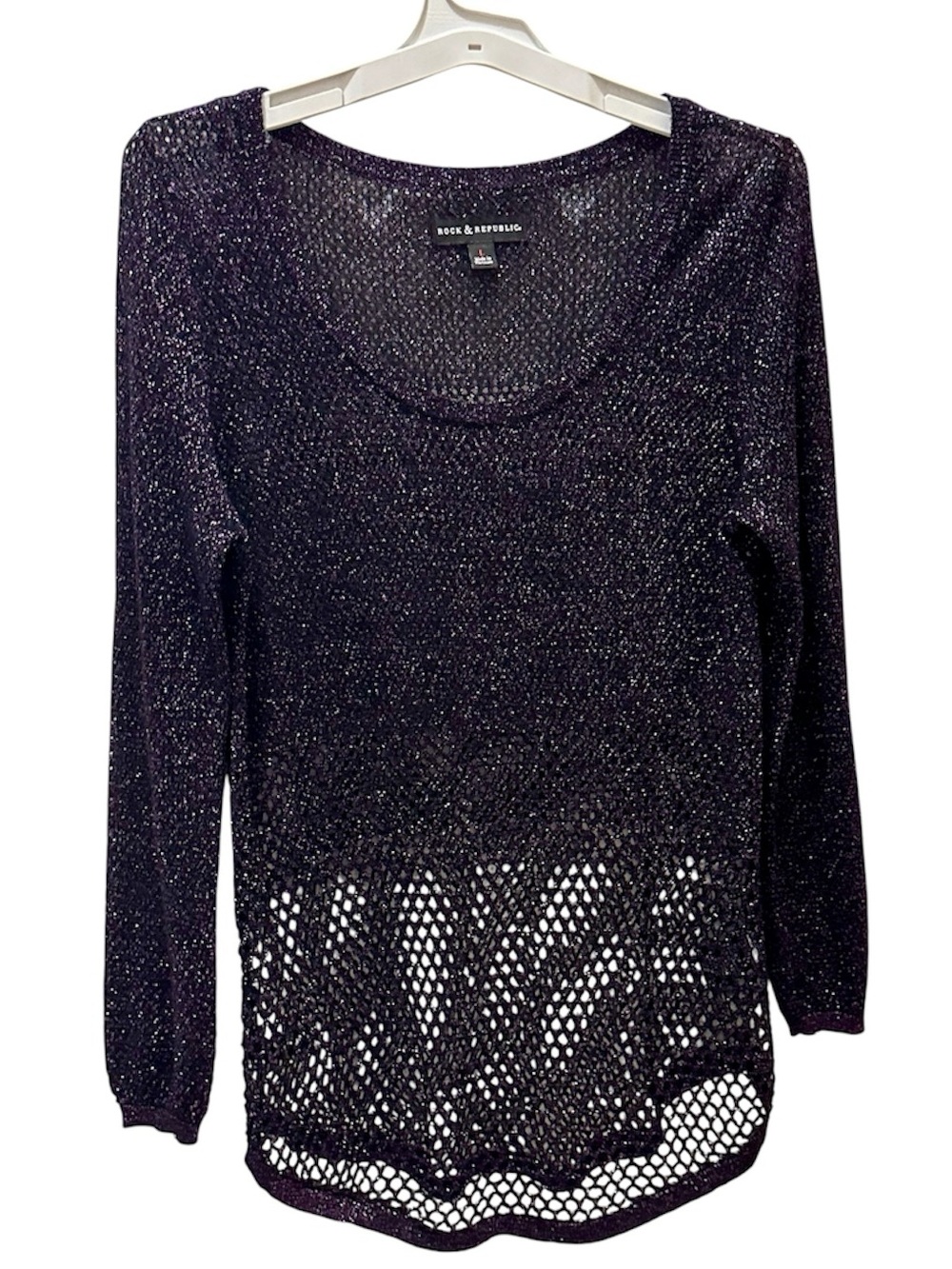 Rock & Republic Purple Metallic Open-Knit Mesh Tunic Sweater size Large